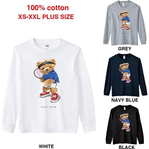 BLINGPAW Spring/Autumn Teddy Bear Tennis Play Hard Graphics Unisex Long Sleeve T-Shirt O-Neck Tops Casual 100% Cotton