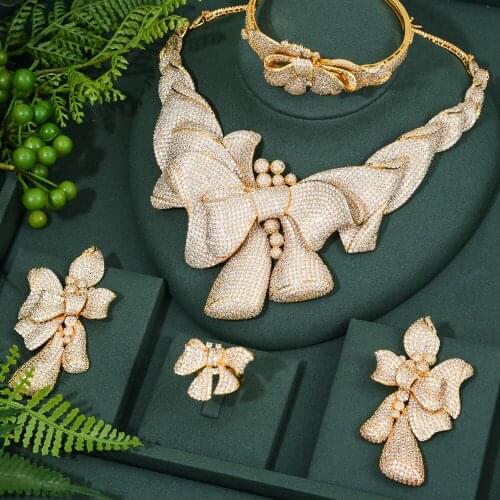 GODKI Luxury 4PCS Bicolor Bowknot Necklace Earring Sets Cubic Zirconia jewelry Sets for women Wedding Indian Bridal Jewelry Sets