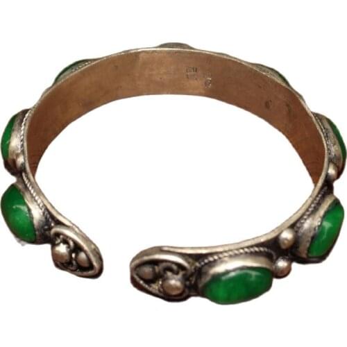 China old Tibetan silver inlaid with greenstone jade bracelet