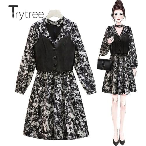 Trytree 2021 Spring Summer Two piece set Casual Single Breasted PU Vest + Hollow Out O-neck Floral Dress Streetwear 2 Piece Set