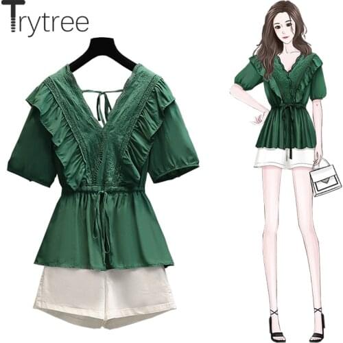 Trytree Summer Women Two Piece Set Casual V-neck Ruffles Lace Drawstring Waist Tops + Shorts Wide Legs Office Lady 2 Piece Suit