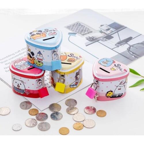 Cartoon Animals Money Box Tinplate Heart Shaped Piggy Bank With Lock Coin Collection For Kids Prizes SN664