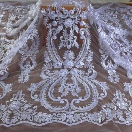 La Belleza PURE WHITE lace fabric,heavy embroidery bridal lace fabric,clear sequins large patterns lace fabric 1 yard