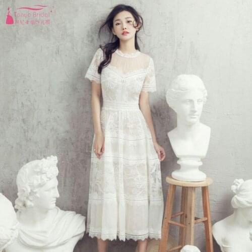 A Line Short Sleeves Lace Bridesmaid Dresses Beige Tea Length Soft Material Wedding Bridesmaids Guest Party Gown JQ95