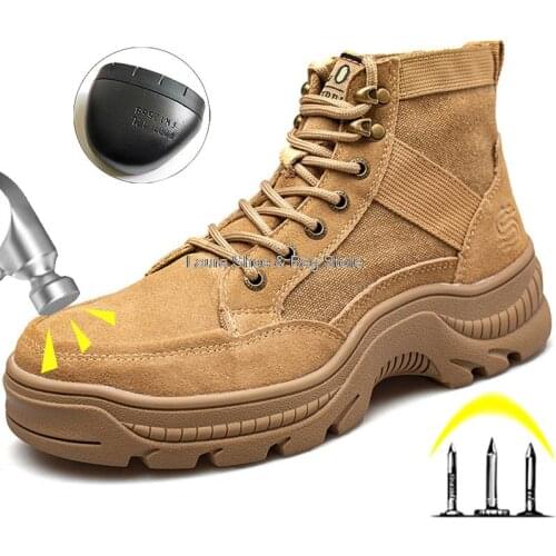 Suede Men Safety Shoes High Quality Steel Toe Men Boots Puncture Proof Work Shoes Male Welder Shoes High Top Work Safety Boots