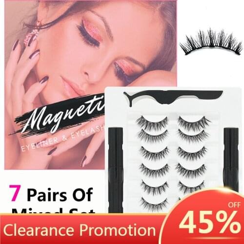 7 Pairs Mixed Styles Magnetic Eyelash & 2 Eyeliners & Tweezer Set Waterproof Hypoallergenic No Glue Magnetic False Eyelash Set