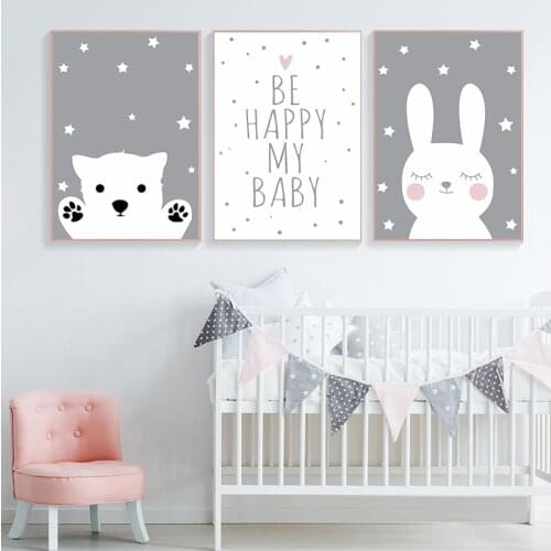 Baby Nursery Wall Art Canvas Poster Print Cartoon Rabbit Bear Painting Nordic Kids Decoration Picture Children Bedroom Decor