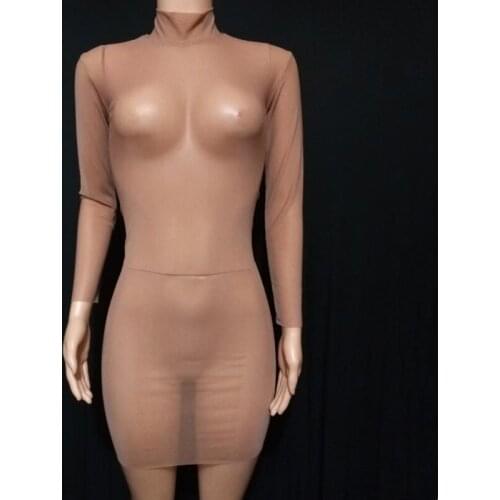 Bar Nightclub DJ Pole Dancing Performance Clothes Solid Nude Mesh Transparent Bodycon Mini Dress Singer Dancer Stage Costume
