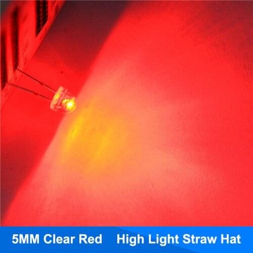 100pcs 5mm Red Straw Hat Transparent LED Diode Light Clear Lens 5 mm 20mA Light Emitting Diode LED Lamp Wide Angle Through Hole