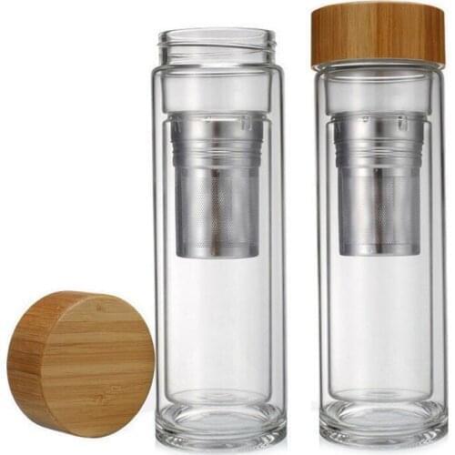 Quevinal 25pcs High Boron Silicone Double Layer Bamboo Cover Glass Bottle Water Bottles With Tea Funnel Thick Heat Insulation