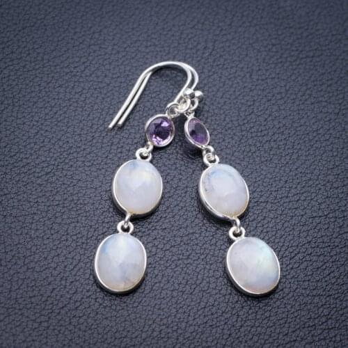 StarGems Natural Rainbow Moonstone And Amethyst Handmade 925 Sterling Silver Earrings 2" E1428
