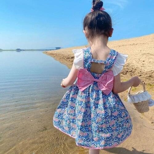 Girls Blue Floral Dress 2021 Summer New Baby Thin Dress Girl Child Backless Princess Dress