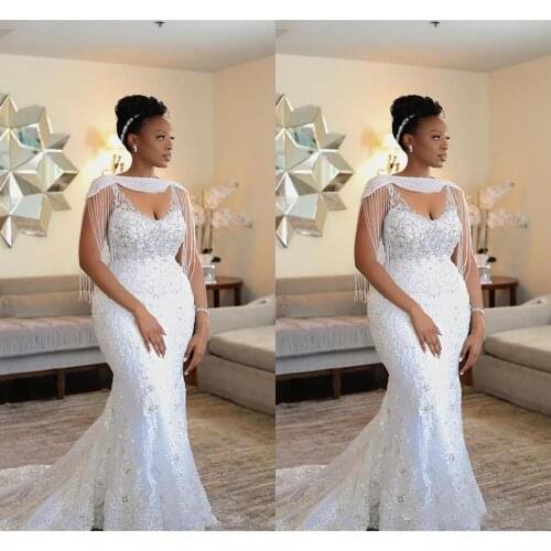 Crystal Beading Mermaid Wedding Dresses African Sexy Spaghetti Woman Wedding Dress Sweep Train Garden Bridal Gowns