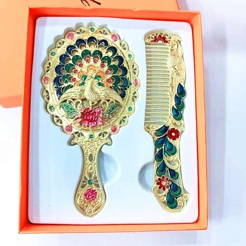 Russian style retro peacock makeup mirror handle mirror comb suit hand in hand with mirror Gift Girl