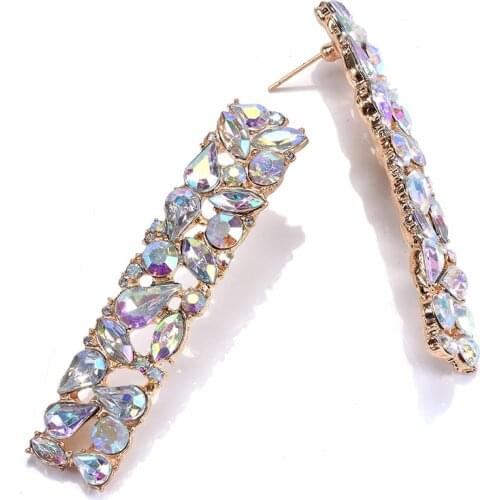 2020 Geometric Long ZA Drop Earrings Women Wedding Bridal Statement Earrings Indian Jewelry Lxury AB Color Crystal Earrings Girl