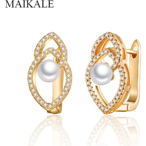MAIKALE Trendy Cubic Zirconia Stud Earrings with Pearl Gold Geometric Earrings for Women Jewelry Accessories Girls Gifts