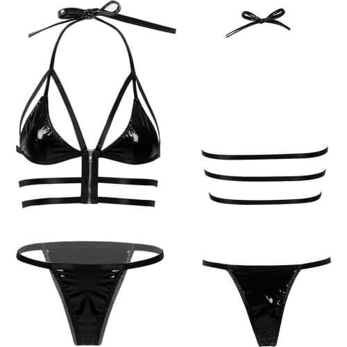 Women Strappy Patent Leather Lingerie Suit Bikini Set Swimsuit Lace-up Halter Neck Front Zipper Bra Tops with T-back Clubwear