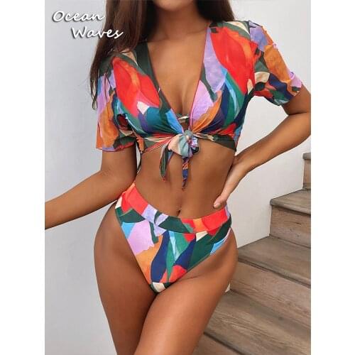 2021 Sexy Women Colorful Female 3-Pieces Swimsuit High Waist Smock Bikini Push Up Swimwear Bikinis Set Short Sleeve Bathing Suit