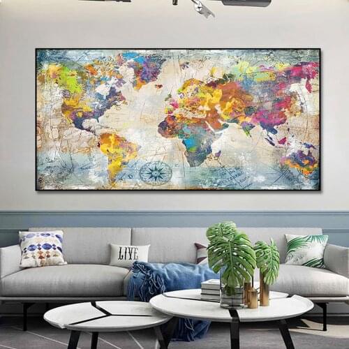 Abstract Retro World Map Canvas Painting Golden Posters and Prints Abstract Wall Art Picture for Living Room Home Decor No Frame
