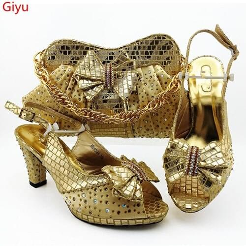 Doershow Italian gold Shoes With Matching Bags African Women Shoes and Bags Set For Prom Party Summer Sandal!SBZ1-14
