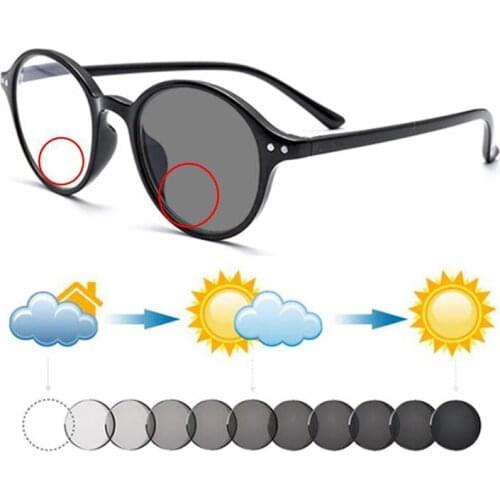 TR90 Photochromic Bifocals Presbyopic Sunglasses for Women Men Fashion Retro Round Rivets Reading Glasses Magnifier Dark Glasses