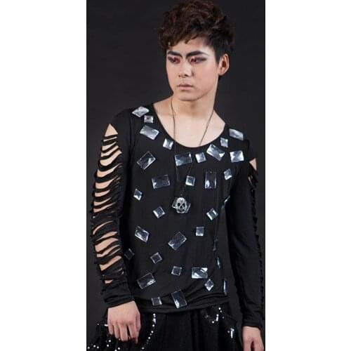MenS Hollow Long-Sleeved T-Shirt Jazz Dance Performance Tops Nightclub Bar Rock Male Singer Hip-Hop Street Jacket Tide DWY2725
