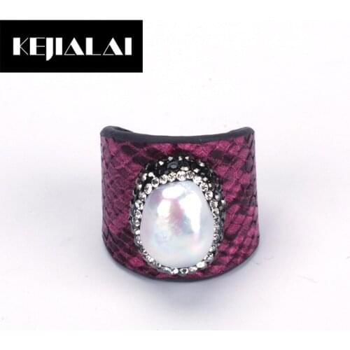 KEJIALAI Bohemian Jewelry Luxury Freshwater Pearl Bead Charm Rings with Rhinestone Real Snake Leather Colorful Adjustable Size