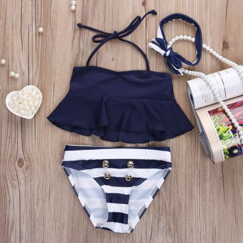 2-7Y Kids Girls 3Pcs Bikini Set Solid Color Halter Ruffle Top + Stripes Swim Panty + Headband Summer Bathing Suit Beachwear