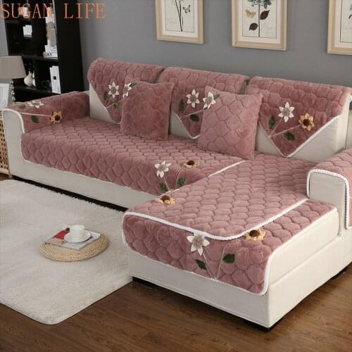 Korean floral applique wine red sofa cover plush long fur slipcover fundas de sofa sectional couch cover fundas de sofa S-294