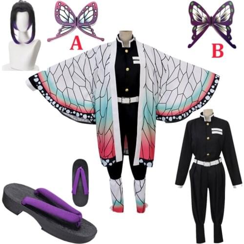 Anime Demon Slayer Cosplay Costumes Kochou Shinobu Cosplay Costume Halloween Women Kimetsu No Yaiba Uniform Cloak Wig Full Set