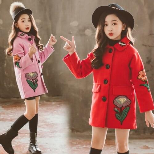 Autumn Winter Long Wool Coat for Girls Child Flower Embroidery Outfit Jackets Teenager Girl Wool Blends Outerwear Kids Clothes