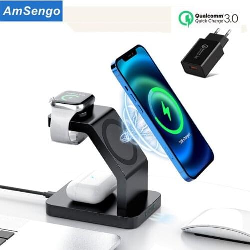 Amsengo 15W Magnetic Wireless Charger Stand For iPhone 12 Pro Max Mini Magnet Pad for IOS Apple Watch Airpods Pro Fast Charging
