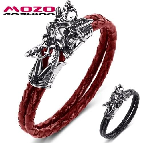 MOZO FASHION Men Black Genuine Leather Bracelet Stainless Steel Punk The King Of Pirates Charm Hot Women Wholesale Jewelry 526