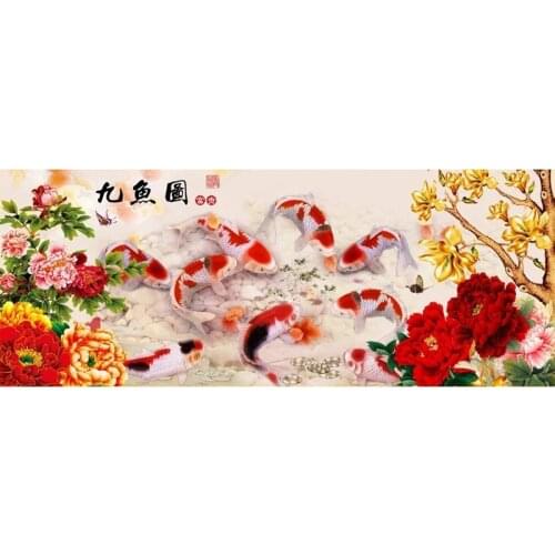 New Needlework,DIY,Cross stitch,kits,11CT Cross-stitch,Sets For Embroidery Wall Decoration Handmade Nine Fishes Peony Flowers