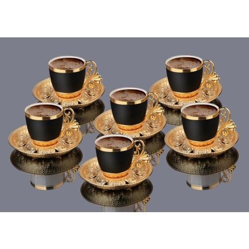 Set of 6) Turkish Greek Arabic Coffee Espresso Demitasse Cup Saucer Spoon Set, Black Cups (Gold)