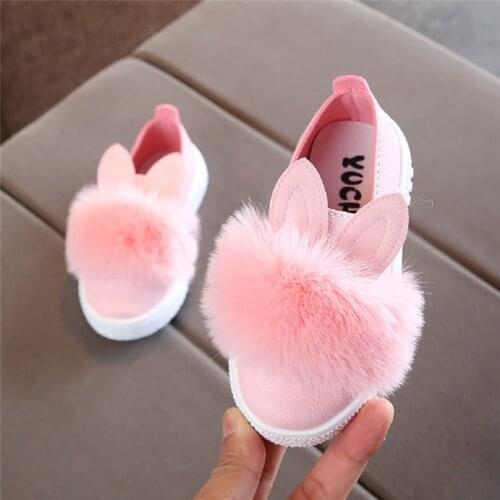 Newborn Baby Shoes Solid Pink Green White Infant Girls Shallow Rabbit Plush Ball Anti Slip Moccasins Non-Slip First Walkers Kids