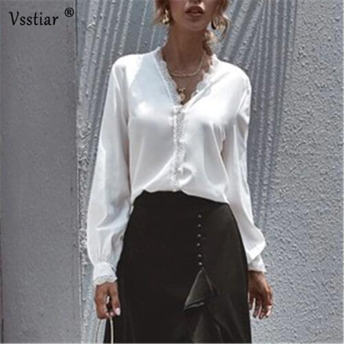 New Casual Woman Shirts 2020 Autumn Long Sleeve Sexy V Neck Sheath Blouse White Elegant Lace Patchwork Ladies Tops
