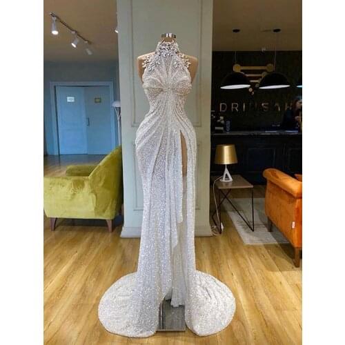 Sexy Sparkle Sequined Mermaid Prom Dresses Custom Made Crystal Beaded High Neck Side Split Long Evening Gowns