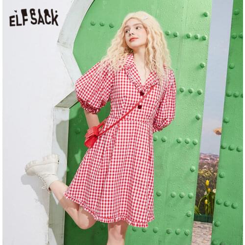 ELFSACK Plaid British Chic Button Casual Vintage Dresses Women,2021 Summer Princess Lantern Sleeve Korean Ladies Party Dress