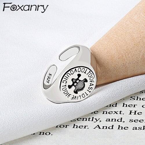 Foxanry 925 Sterling Silver Adjustable Rings for Women Couples New Fashion Vintage Punk Pirate English Letter Party Jewelry Gift