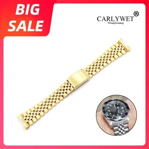 CARLYWET 19 20 22mm Gold 316L Stainless Steel Silver Hollow Curved End Solid Screw Links Replacement Watch Band For Seiko Rolex
