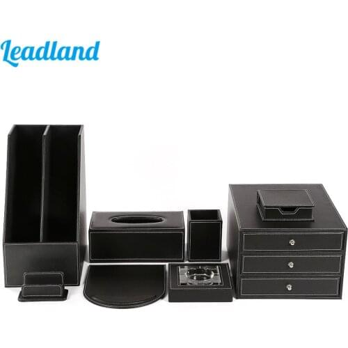 Deluxe Office Desktop 8-Piece Set Pen Pencil Holder Mouse Pad Stationery Organizer Box Tissue Dispenser Ashtray T03 Black/Brown