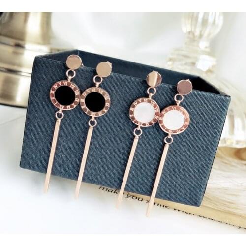 YUN RUO Rose Gold Color Pave Shell Roman Numerals Stud Earring Ear Clip Titanium Steel Fashion Jewelry Birthday Gift Never Fade