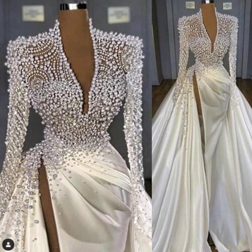 SuperKimJo Luxury White Prom Dresses 2021 Fully Beaded Peals V Neck Elegant Prom Gown Robe De Soirée De Mariage