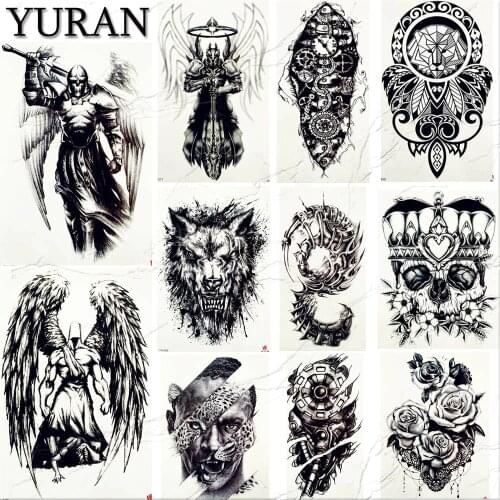 YURAN Mens Fashion Spartan Warrior Tattoos Temporary Knight Body Arm Black Fake Tatoo Women Neck Totem Waterproof Tattoo Skull
