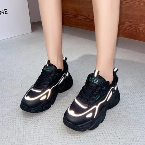 2021 Women White Sneakers Reflective Platform Chunky Fashion Casual Shoes Old Dad Shoes Woman Black Vulcanized Shoes Plataforma