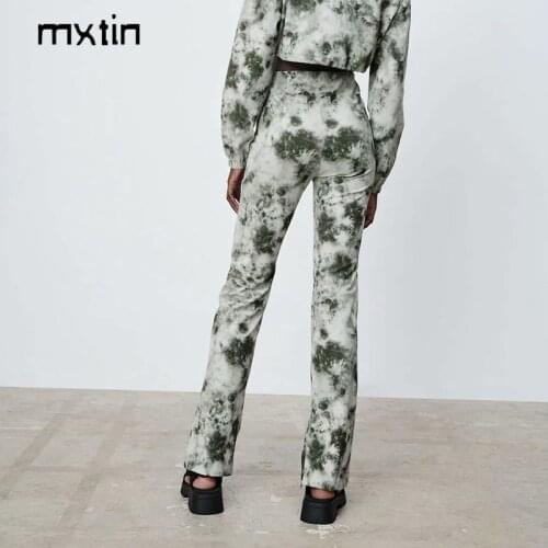 MXTIN 2021 Women Fashion Tie Dye Flare Pants Vintage High Waist Side Zipper Female Harajuku Trousers Ropa Mujer