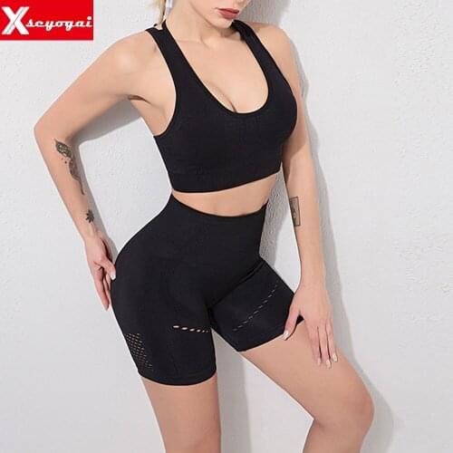 Womens Yoga Suit High Waist Crop Top Fitness Quick-Drying Shorts Seamless Sports Bra 2PCS Exercise Running Fitness Clothes