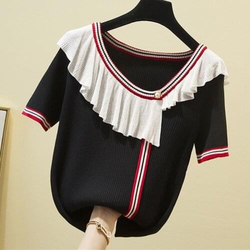 Summer Contrast Color Ruffles Knitted Top Women Korean Striped Pullovers Womens Sweater Short Sleeve Elasticity Sweater Mujer