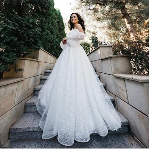 Wedding Dress 2021 A-Line Long Puff Sleeve Shiny Point Net Off Shoulder Floor Length Charming Lace Up Sweep Train Bridal Gown